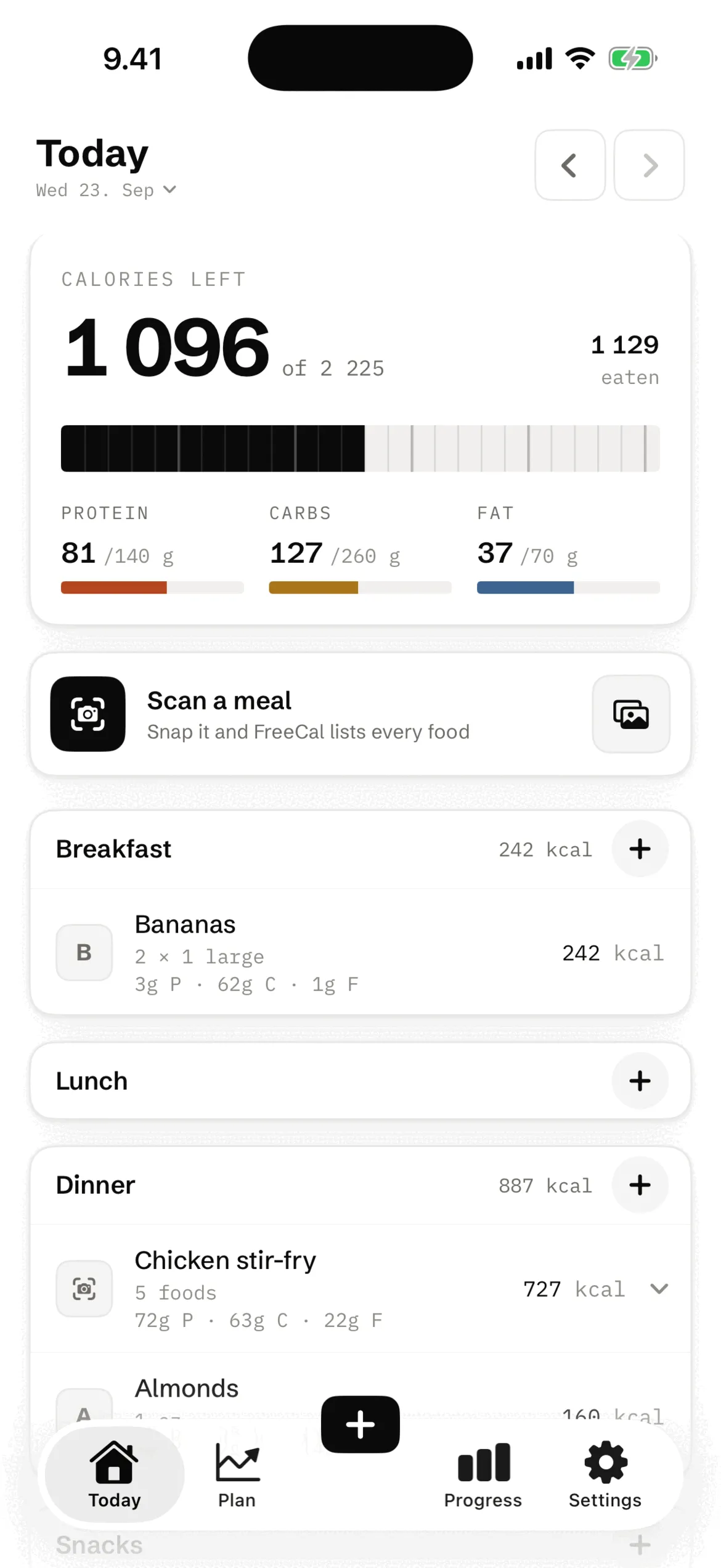 The Today screen: calories left, a ruler showing progress against the target, and protein, carbs and fat below it.