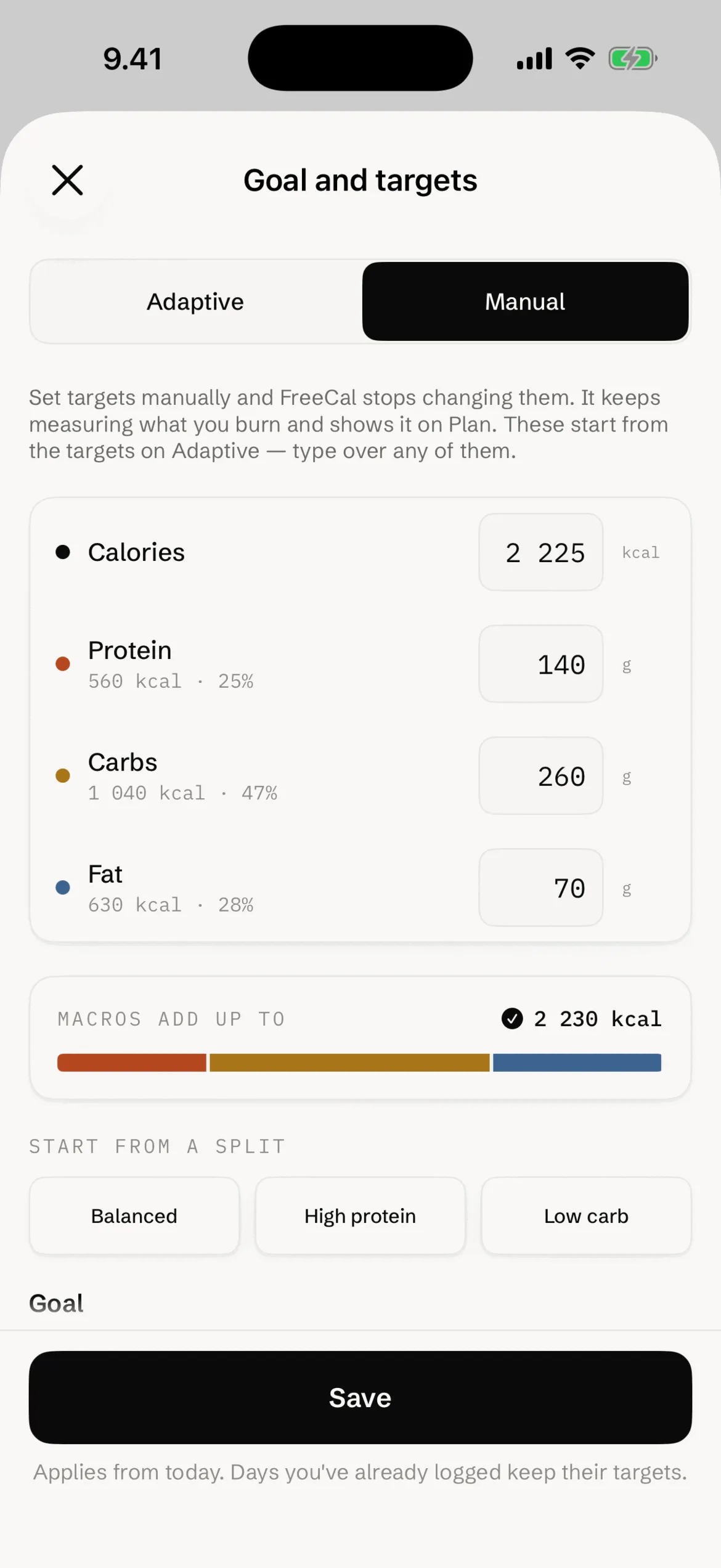 The targets screen set to manual, with calories and macros typed in and a bar checking the split against the calorie figure.