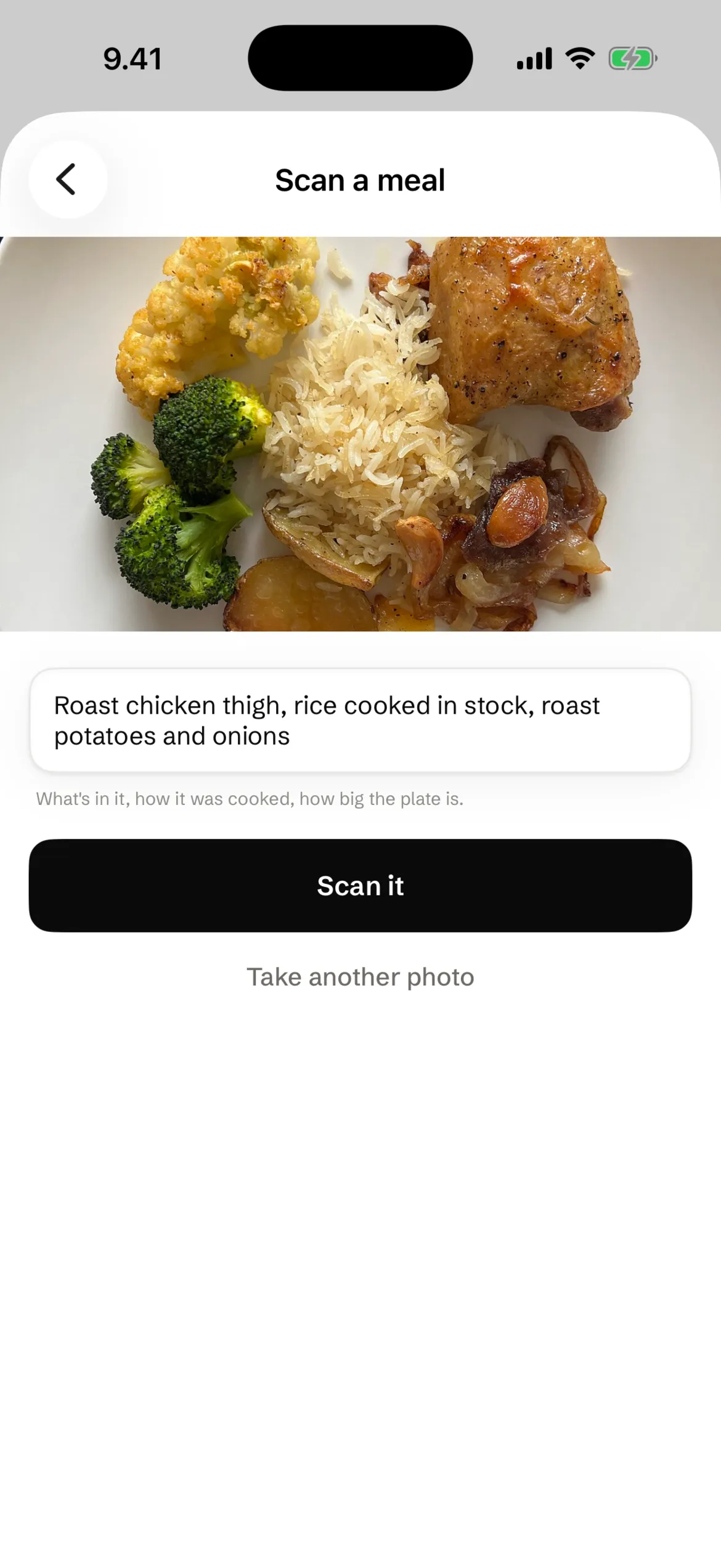 The photo scan screen: a photo of roast chicken, rice, broccoli and potatoes, a note beneath it reading what is on the plate, and a Scan it button.